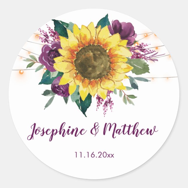 Sunflower Plum Purple Rose Floral Lights Wedding Classic Round Sticker (Front)