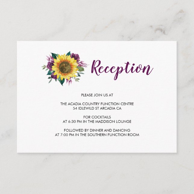 Sunflower Plum Roses Floral Wedding Reception Enclosure Card (Front)