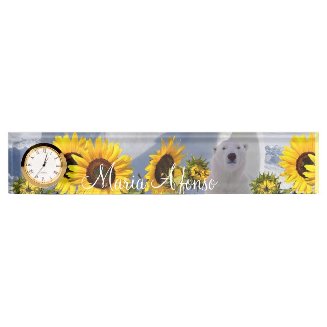 Sunflower Polar Bear Desk Nameplate (Front)