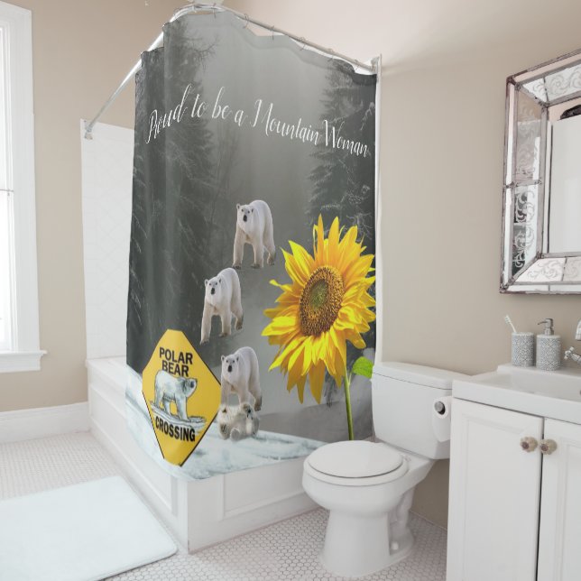 Sunflower Polar Bear Floral Shower Curtain (In Situ)