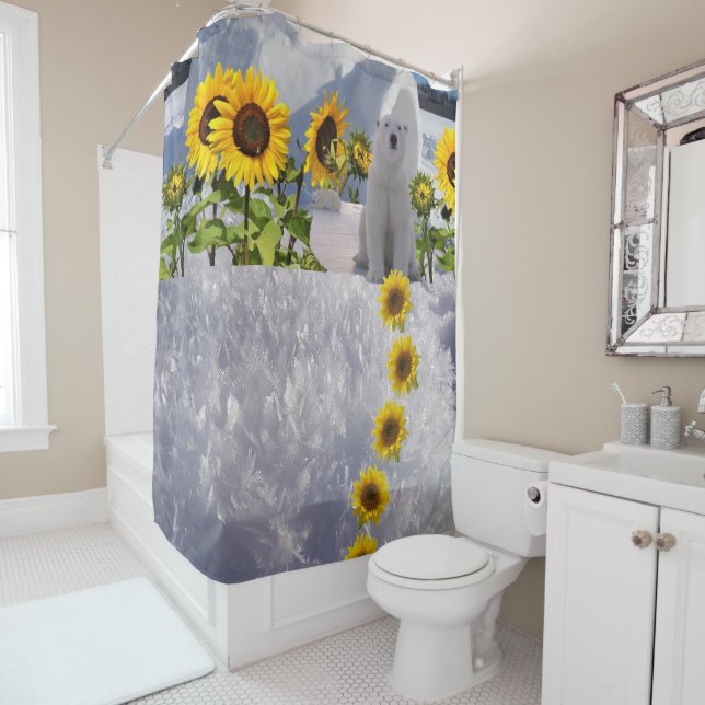 Sunflower Polar Bear Shower Curtain (In Situ)