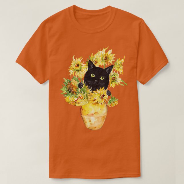 Sunflower pot cat peeking Van Gogh inspired Painti T-Shirt (Design Front)
