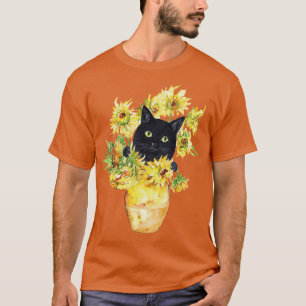 Sunflower pot cat peeking Van Gogh inspired Painti T-Shirt