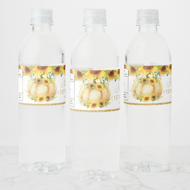 Sunflower Pumpkin 1st First Birthday Favour Water Bottle Label (Bottles)
