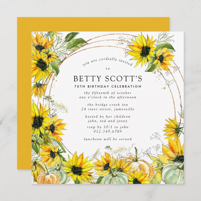 Sunflower Pumpkin Autumn Fall 70th Birthday Invitation (Front/Back)