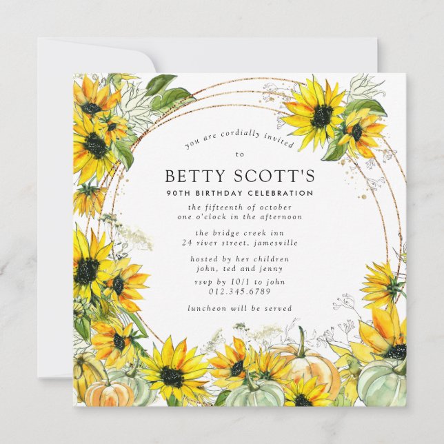 Sunflower Pumpkin Autumn Fall 90th Birthday Invitation (Front)