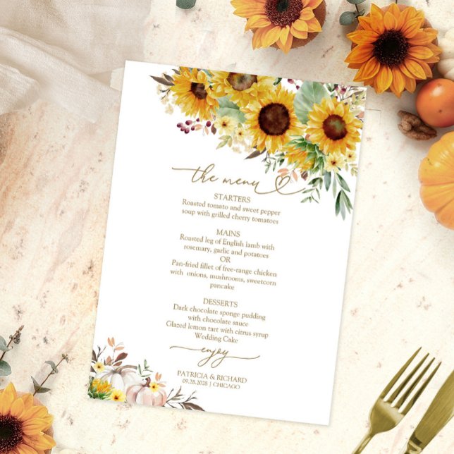 Sunflower Pumpkin Burgundy Wedding Menu Card (Creator Uploaded)