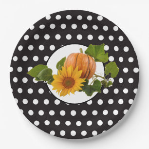Sunflower & Pumpkin Polka Dot Thanksgiving Paper Plate
