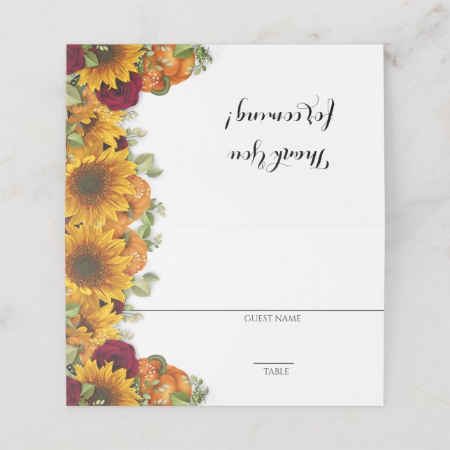 Sunflower, Pumpkin & Roses Place Cards (Outside Unfolded)