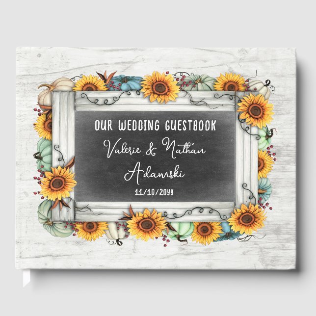 Sunflower Pumpkin Rustic Chalkboard Farm Wedding Guest Book (Front)