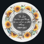 Sunflower Pumpkin Rustic Thanksgiving Bible Verse Classic Round Sticker<br><div class="desc">Customise this sticker with your own favourite Bible verse! A beautiful autumnal theme for planning a family Thanksgiving dinner, gathering, or party. Celebrate with timeless watercolor styling over vibrant sunflowers, blue-toned pumpkins and rustic wood with chalkboard. • Browse the Blessed Thanksgiving Collection below to see all coordinating products in this...</div>