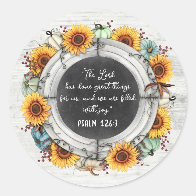 Sunflower Pumpkin Rustic Thanksgiving Bible Verse Classic Round Sticker (Front)