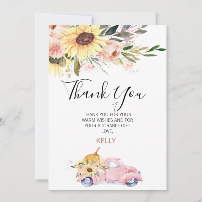 Sunflower Pumpkin Truck Baby Shower Thank You Card (Front)