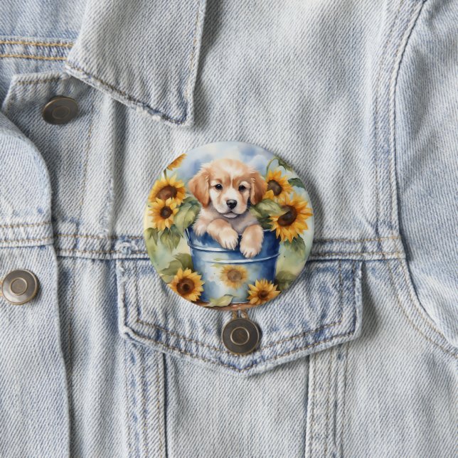 Sunflower Puppy 7.5 Cm Round Badge (In Situ)