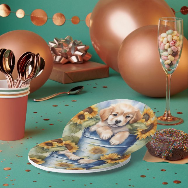 Sunflower Puppy Paper Plate (Multi)
