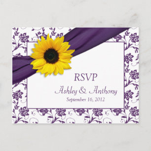 Sunflower Purple Damask Wedding RSVP Postcard