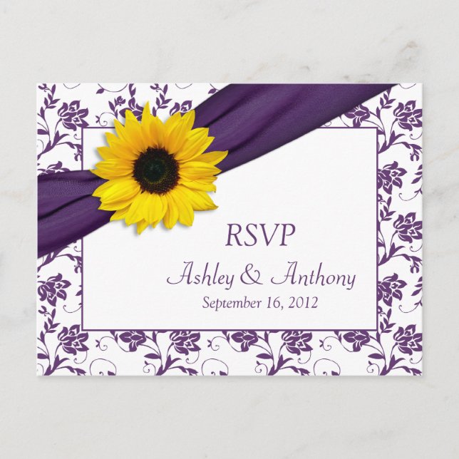 Sunflower Purple Damask Wedding RSVP Postcard (Front)