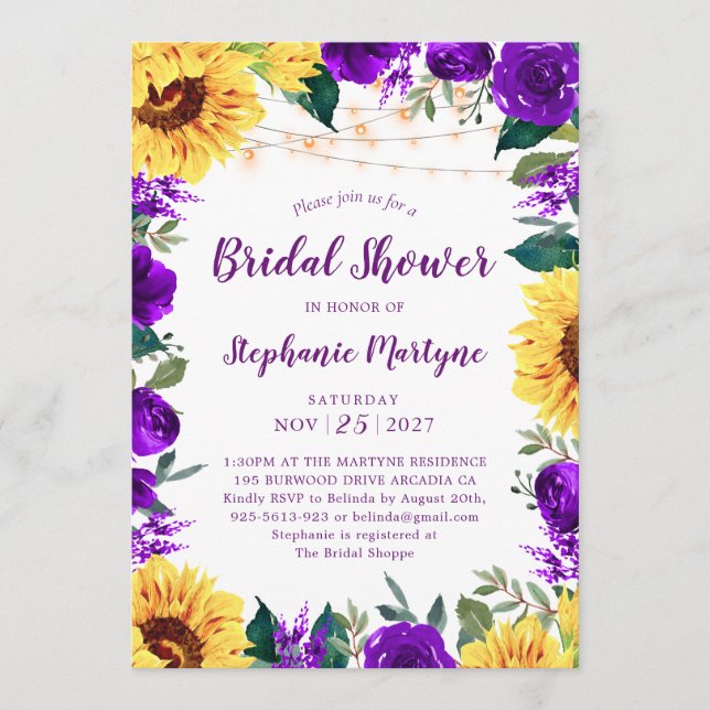 Sunflower Purple Floral Border Light Bridal Shower Invitation (Front)