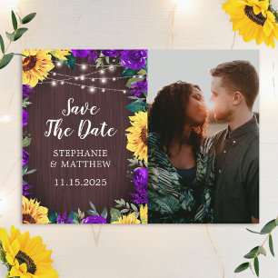 Sunflower Purple Floral Border Photo Save The Date Announcement Postcard