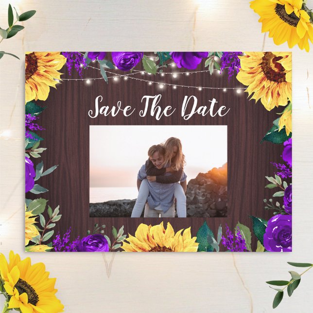 Sunflower Purple Floral Border Photo Save The Date Announcement Postcard (Creator Uploaded)