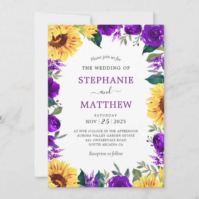 Sunflower Purple Floral Border Wedding Invitation (Front)