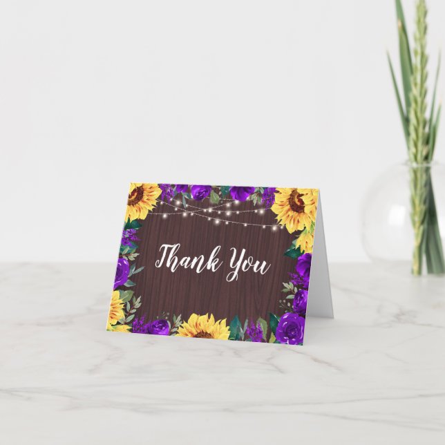 Sunflower Purple Floral Border Wood Lights Wedding Thank You Card (Front)