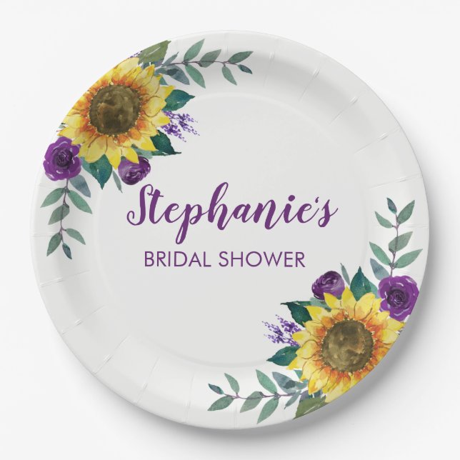 Sunflower Purple Floral Bridal Shower Paper Plate (Front)