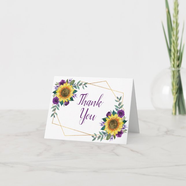 Sunflower Purple Floral Geometric Wedding Thank You Card (Front)