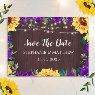 Sunflower Purple Floral Wood Wedding Save The Date