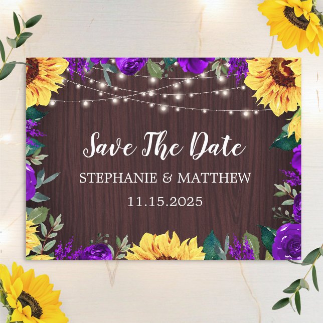 Sunflower Purple Floral Wood Wedding Save The Date (Creator Uploaded)