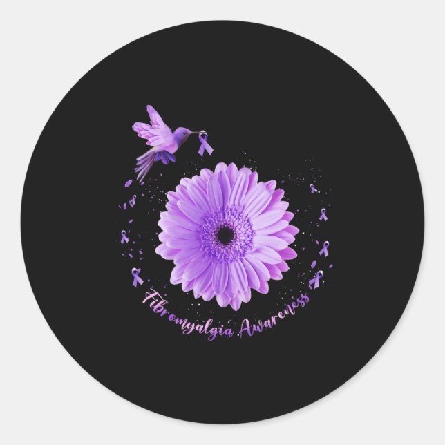 Sunflower Purple Ribbon Fibromyalgia Awareness  Classic Round Sticker (Front)