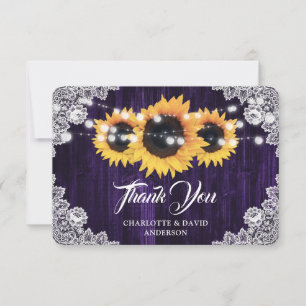 Sunflower Purple Rustic Wood Floral Lace Wedding Thank You Card