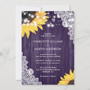 Sunflower Purple Wood Floral Lace Elegant Wedding Invitation