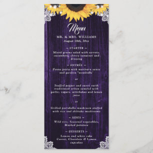 Sunflower Purple Wood Floral Lace Wedding Menu