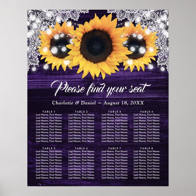 Sunflower Purple Wood Wedding Seating Chart 8 (Front)