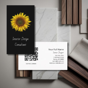 Sunflower QR code Interior Designer Modern Black  Business Card
