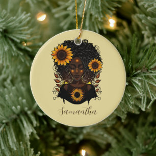 Sunflower Queen Afro Woman Ceramic Tree Decoration