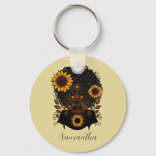 Sunflower Queen Afro Woman Key Ring