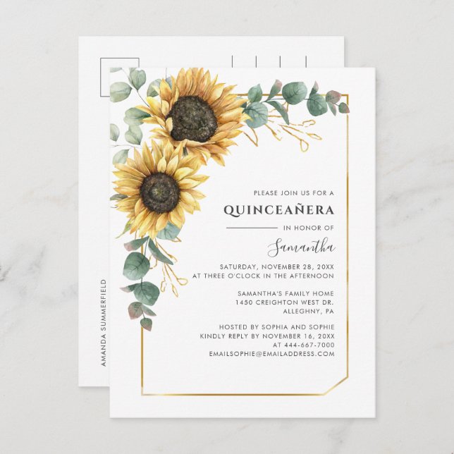 Sunflower Quinceanera Greenery 15th Birthday Party Invitation Postcard (Front/Back)