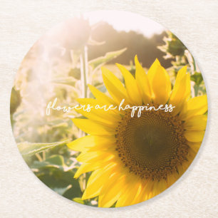 Sunflower quote "flowers are happiness" round paper coaster