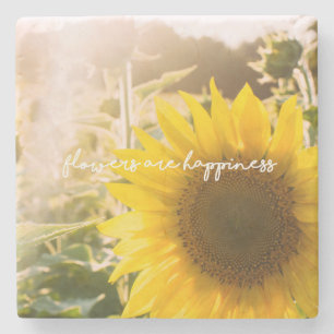 Sunflower quote "flowers are happiness" stone coaster