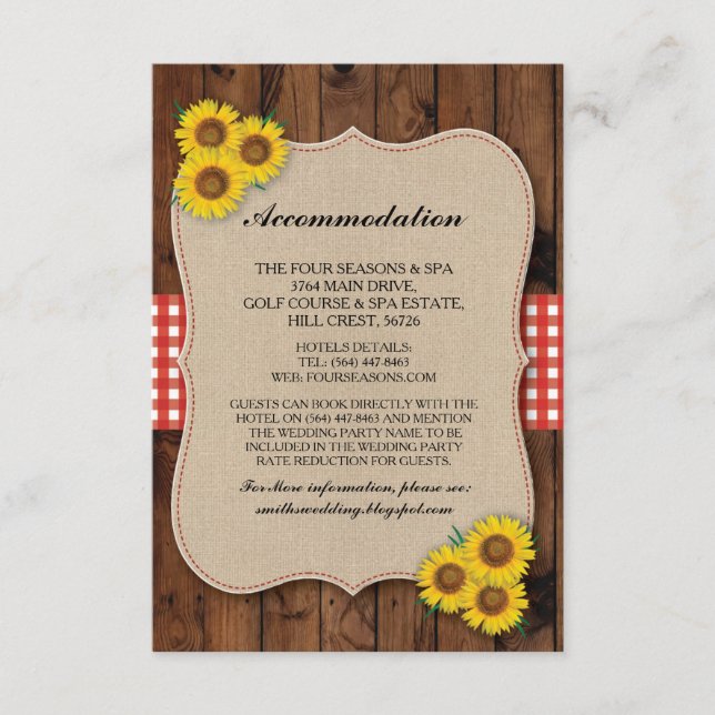 Sunflower Red Accommodation Burlap Wedding Cards (Front)
