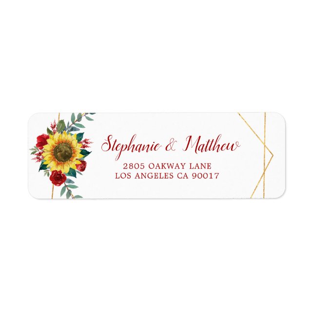 Sunflower Red Floral Geometric Gold Address (Front)