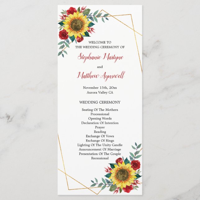 Sunflower Red Floral Geometric Wedding Programme (Front)