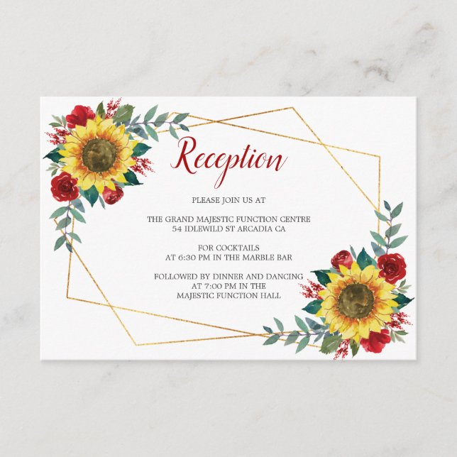 Sunflower Red Floral Geometric Wedding Reception Enclosure Card (Front)
