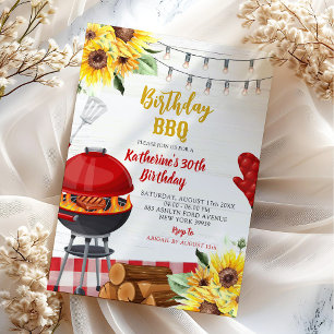 Sunflower Red Gingham Backyard Bbq Birthday Invitation