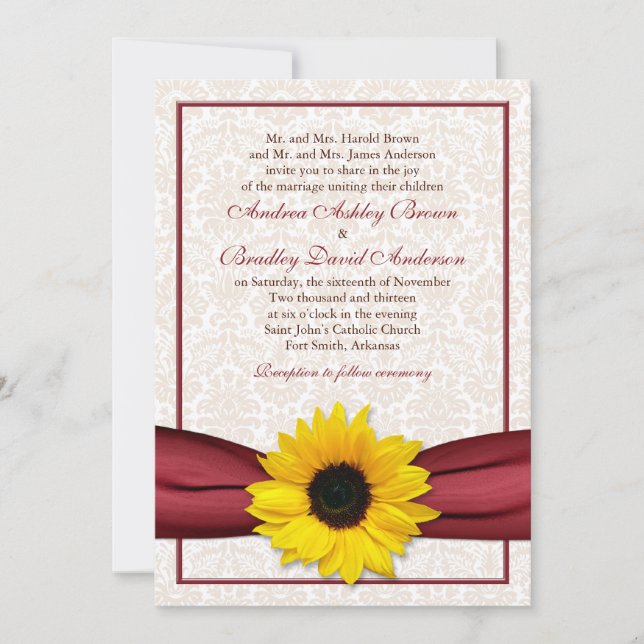 Sunflower Red Ribbon Damask Wedding Invitation (Front)
