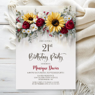 Sunflower Red Rose Floral 21st Birthday Party Invitation