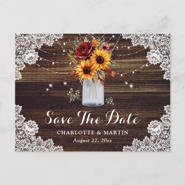 Sunflower Red Rose Mason Jar Wedding Save The Date Announcement Postcard (Front)