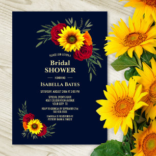 Sunflower Red Rose Navy Blue Bridal Shower Invitation